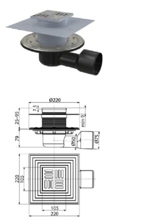 Alcaplast APV3344 Padloösszefolyó 105x105x75 vizszintes