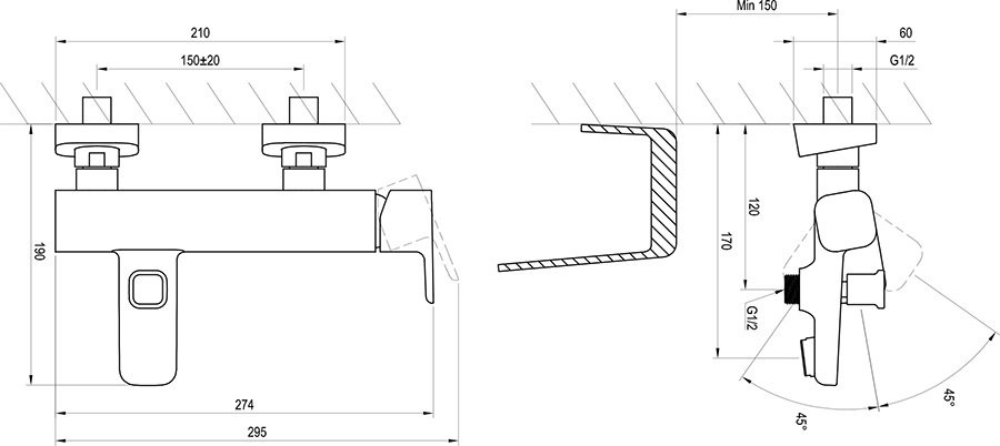 Ravak 10°Fali Kádcsaptelep 150 TD 022.00 (X070065) műszaki Rajz