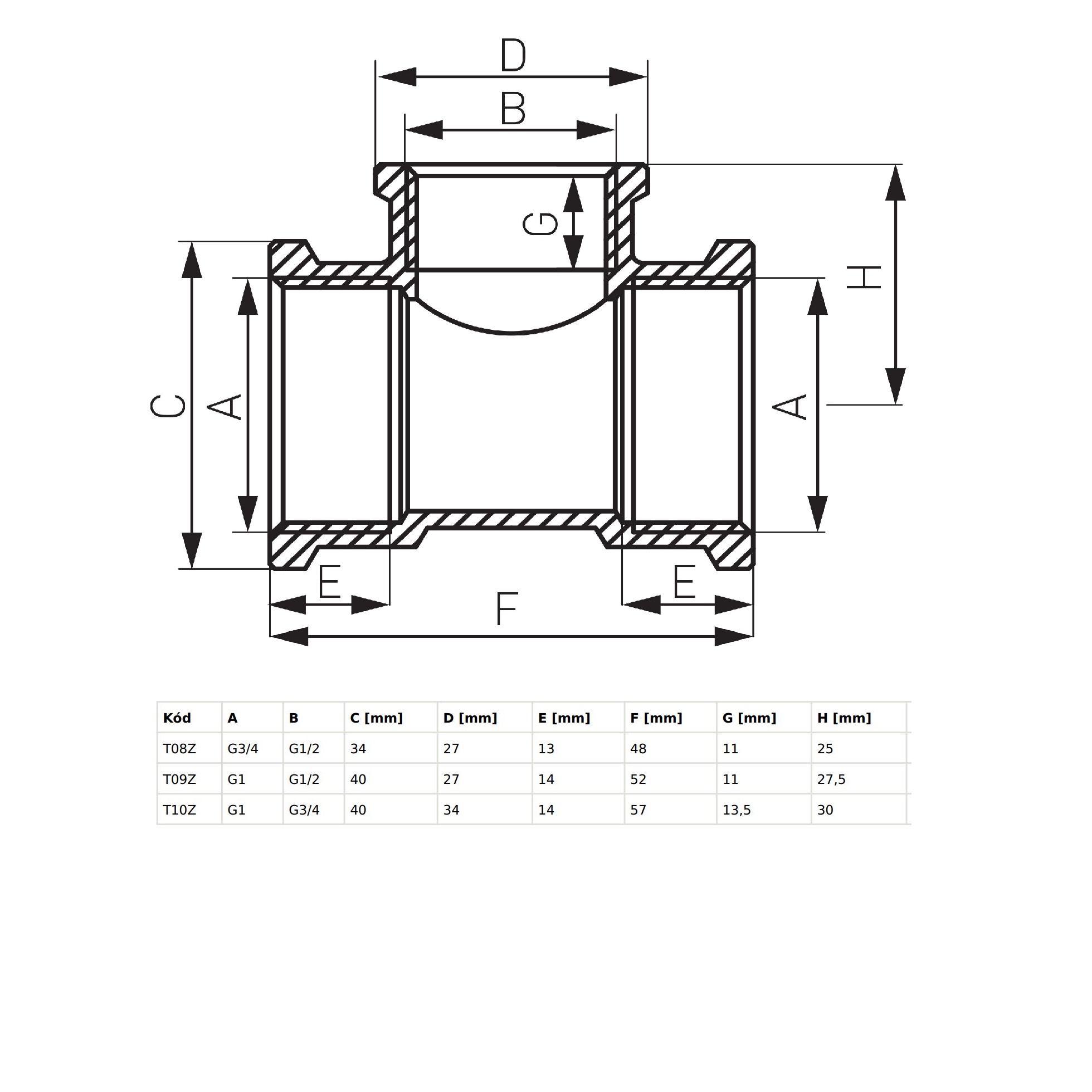 Ferro réz szűkített menetes T-idom méretek